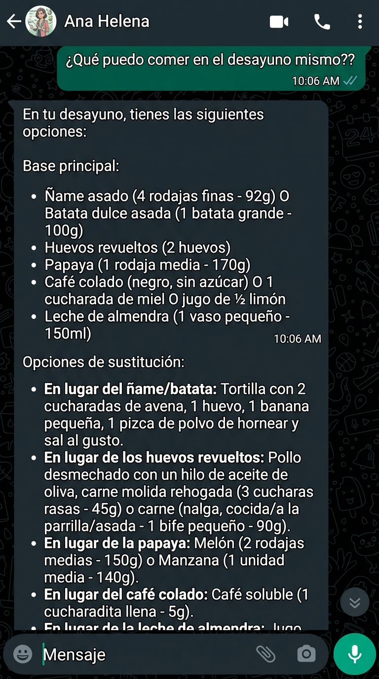 Pantalla de celular mostrando una duda sobre dieta respondida por Ana Helena.