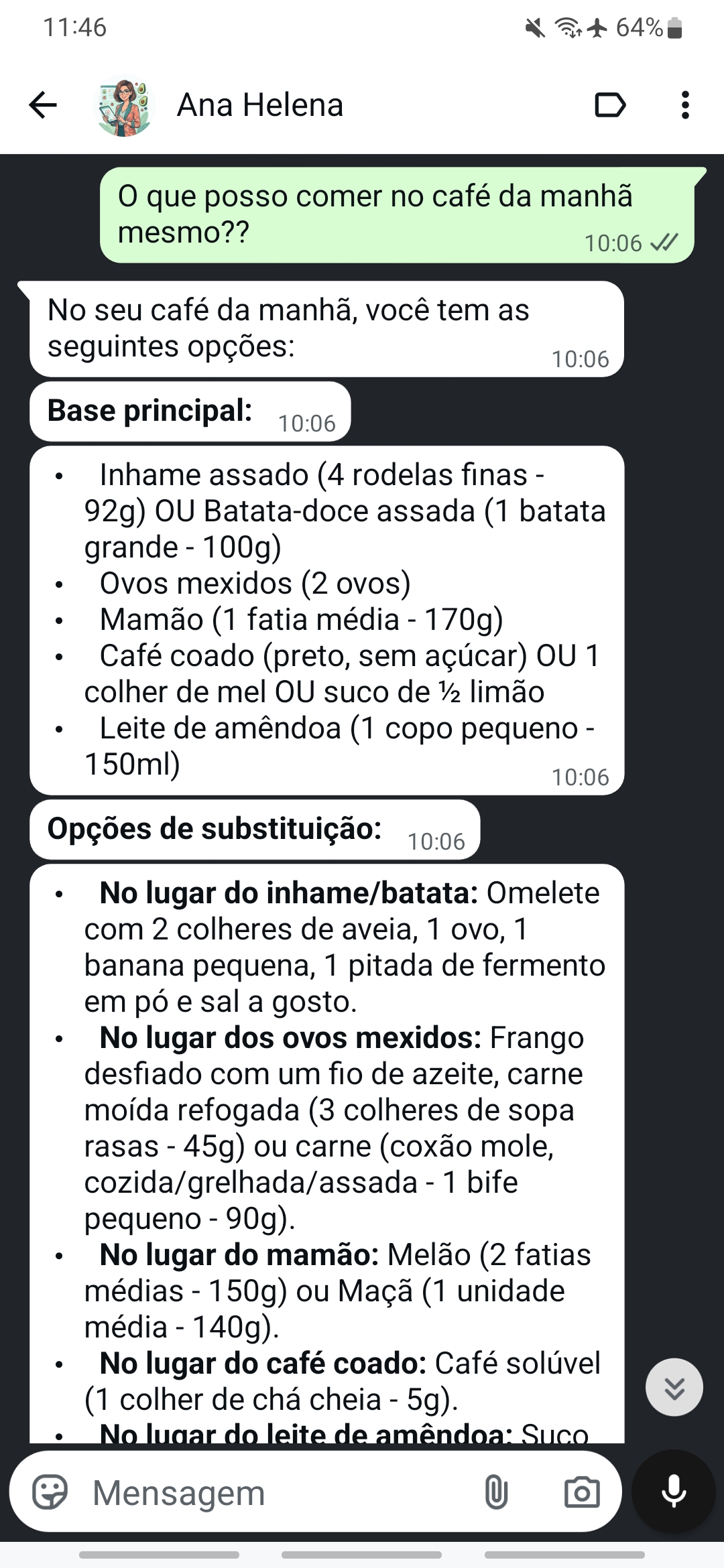 Tela de celular mostrando dúvida sobre dieta respondida pela Ana Helena.