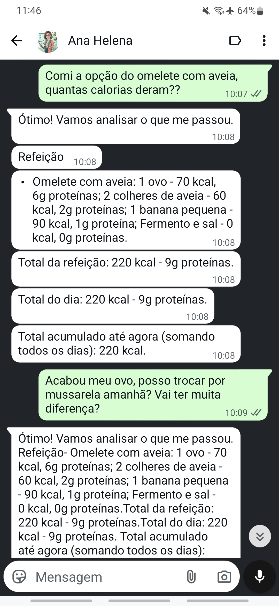 Pantalla de celular con sustituciones de alimentos sugeridas en WhatsApp.