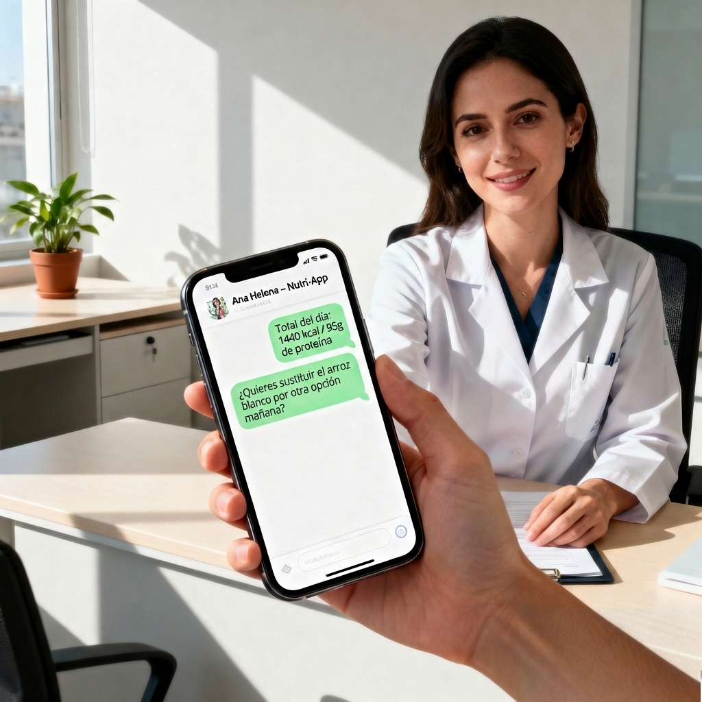 Nutricionista usando el celular durante el seguimiento de pacientes con Nutri-App.