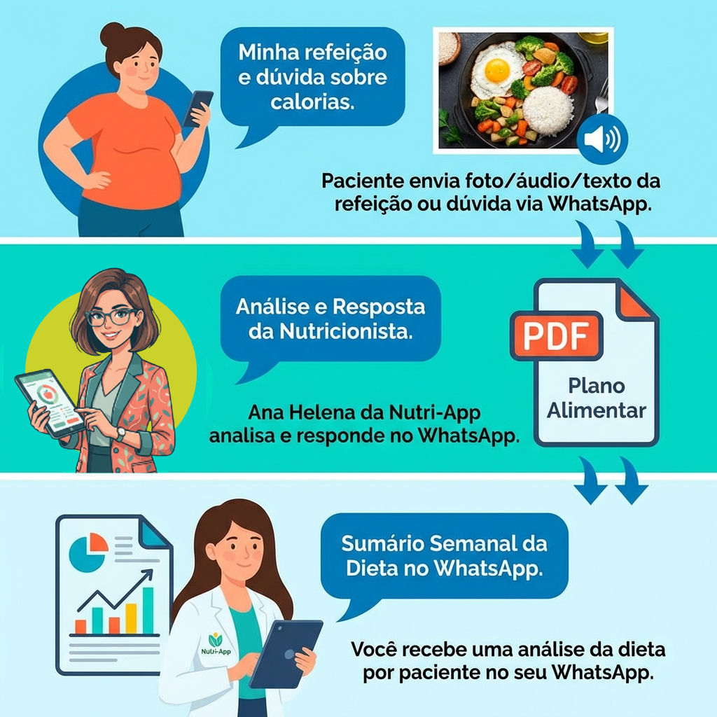 Mockup quadrado mostrando os três passos com a Ana Helena no WhatsApp.